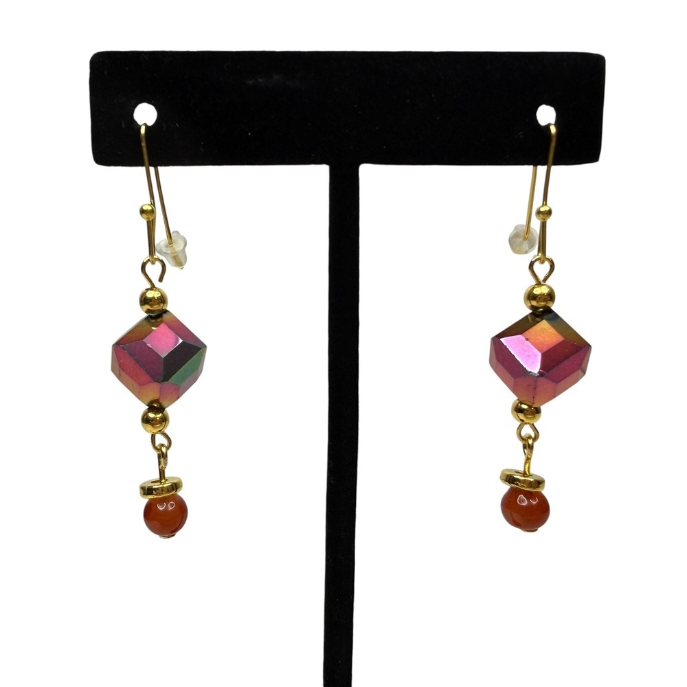 Iridescent Glass Cube Beads Dangle Earrings Gold Tone Orange Carnelian Accent